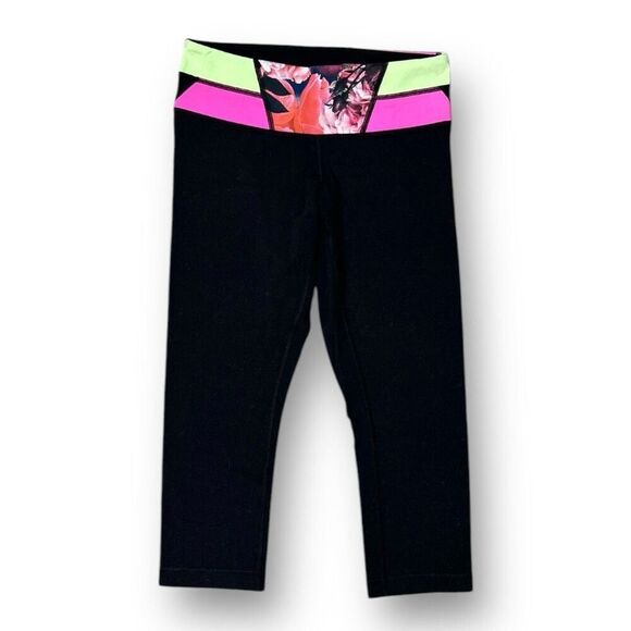 Lululemon 6 Black Wunder Under Crop Leggings Secret Garden Floral Waistband Yoga - Picture 7 of 9